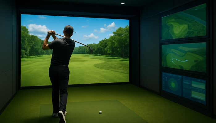 Player mid-swing in modern indoor golf simulator with virtual fairway screen and software dashboards