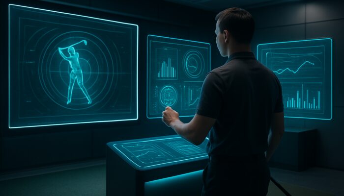 Golfer calibrating sensors on holographic monitors showing swing data in futuristic simulator room.
